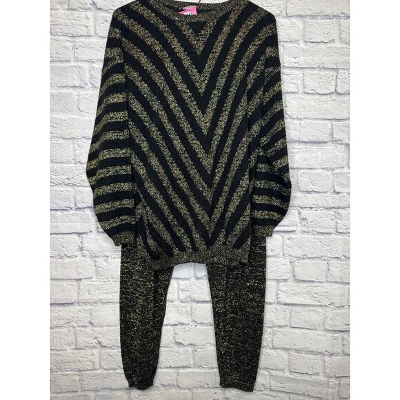 Fortune Knits Inc Vintage 80s 2 Piece Black & Gold Metallic Sweater Joggers LG - Picture 1 of 6
